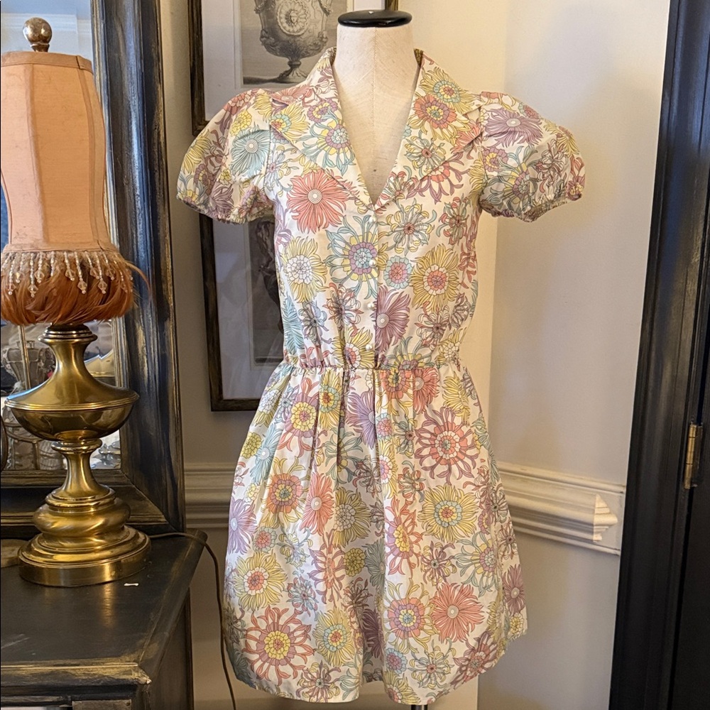 Floral Puff-Sleeve V-Neck Cotton Dress in Pastel Multi